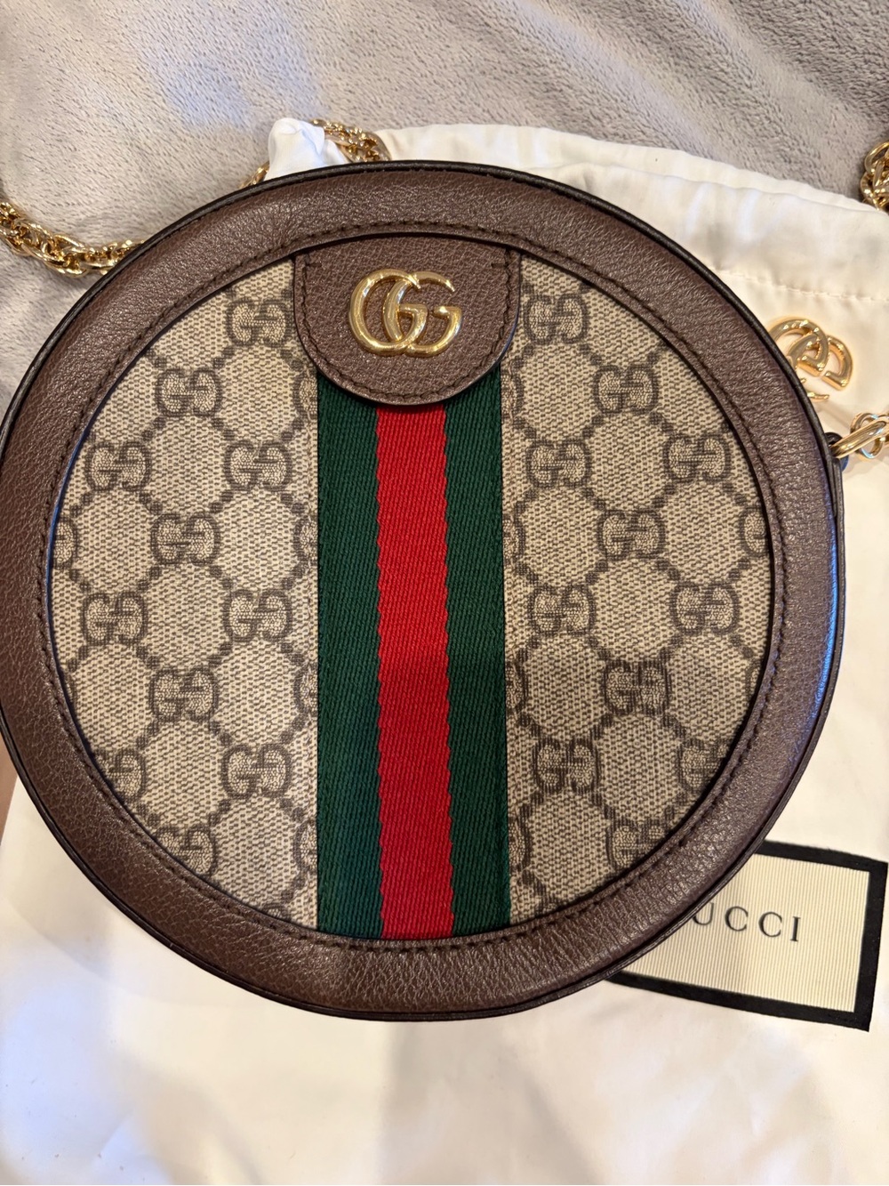 Gucci Round GG Canvas Crossbody in Brown with Green & Red Stripe